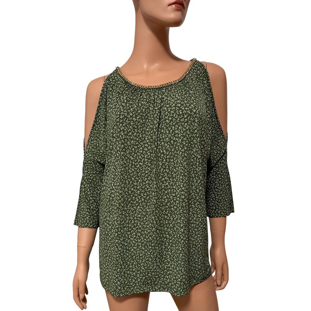 Michael Kors Cold Shoulder Chain Neck Casual Dressy Top Green Floral Sz M